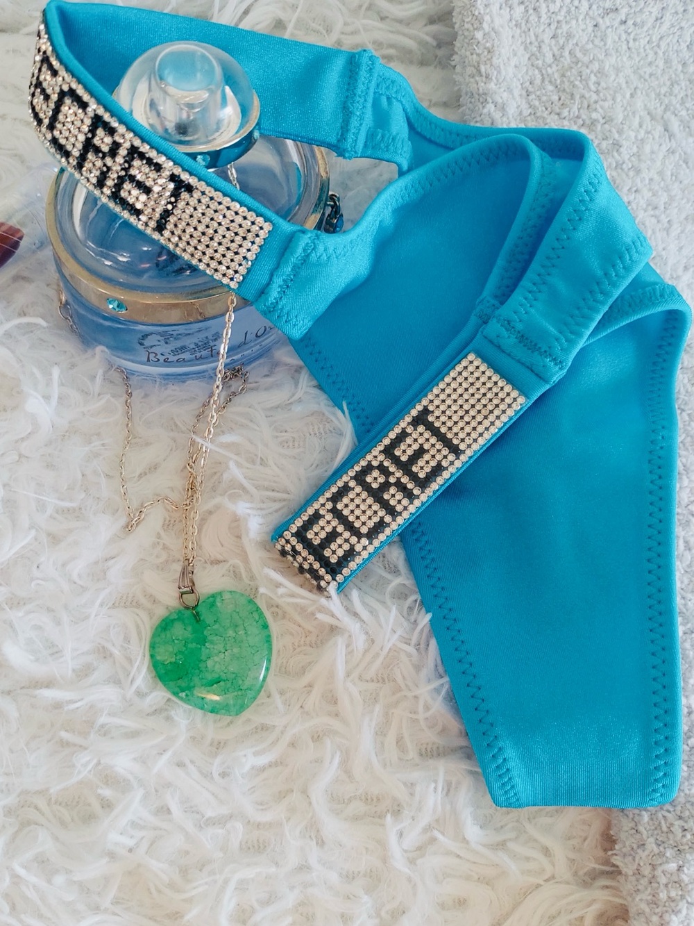 Turquoise Bikini Bottom with Jeweled Strap. Sexy thong Blue Turquoise.